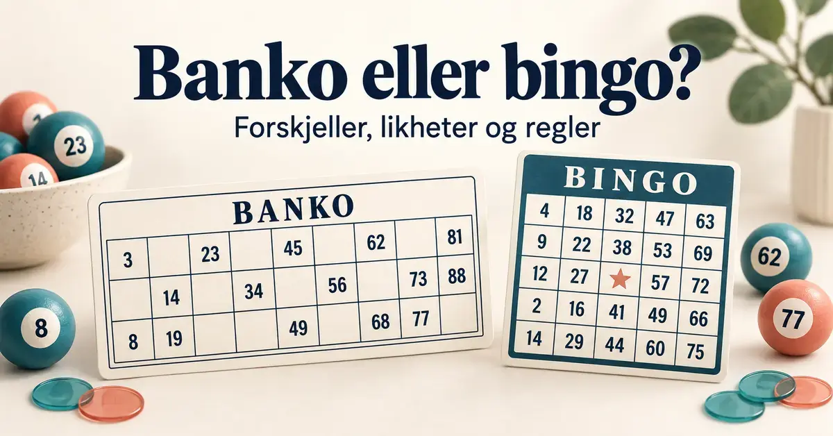 Bankokort med tre rader og bingokort med fem rader omgitt av tallkuler og spillebrikker under teksten «Banko eller bingo? Forskjeller, likheter og regler».