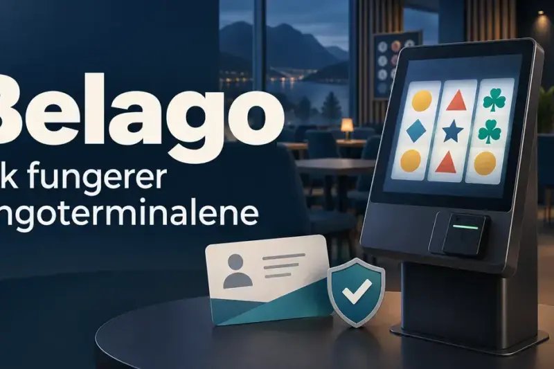 Illustrasjon av en bingoterminal med digitale hjulspill, spillekort og 18-årsmerke, med teksten «Belago – Slik fungerer bingoterminalene».