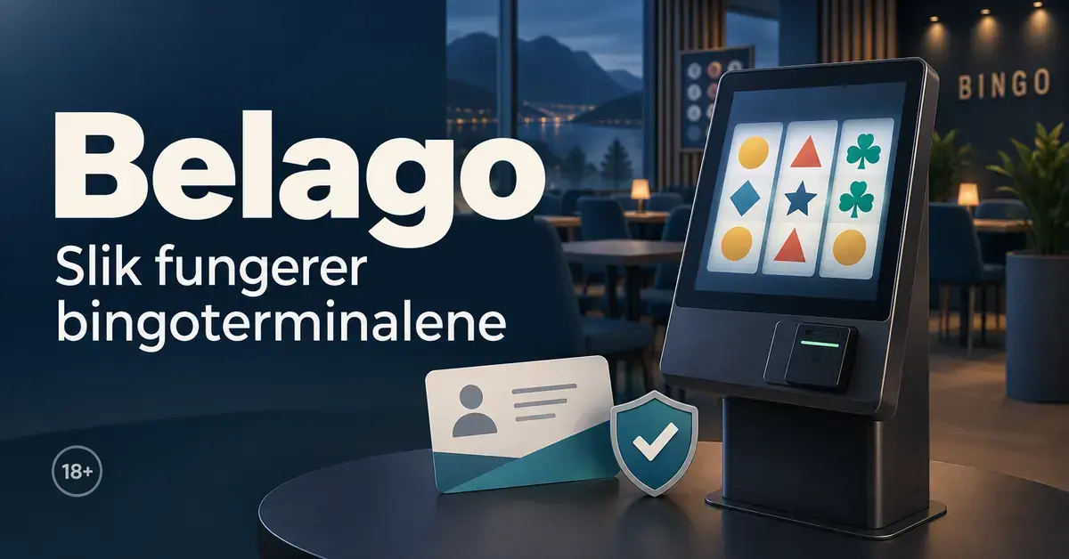 Illustrasjon av en bingoterminal med digitale hjulspill, spillekort og 18-årsmerke, med teksten «Belago – Slik fungerer bingoterminalene».