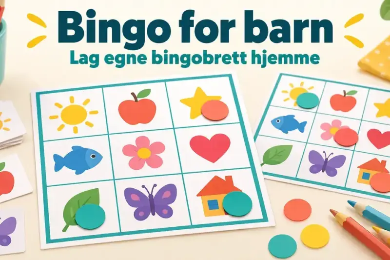 To hjemmelagde bingobrett med fargerike bildesymboler, papirmarkører og fargeblyanter under teksten «Bingo for barn – Lag egne bingobrett hjemme».