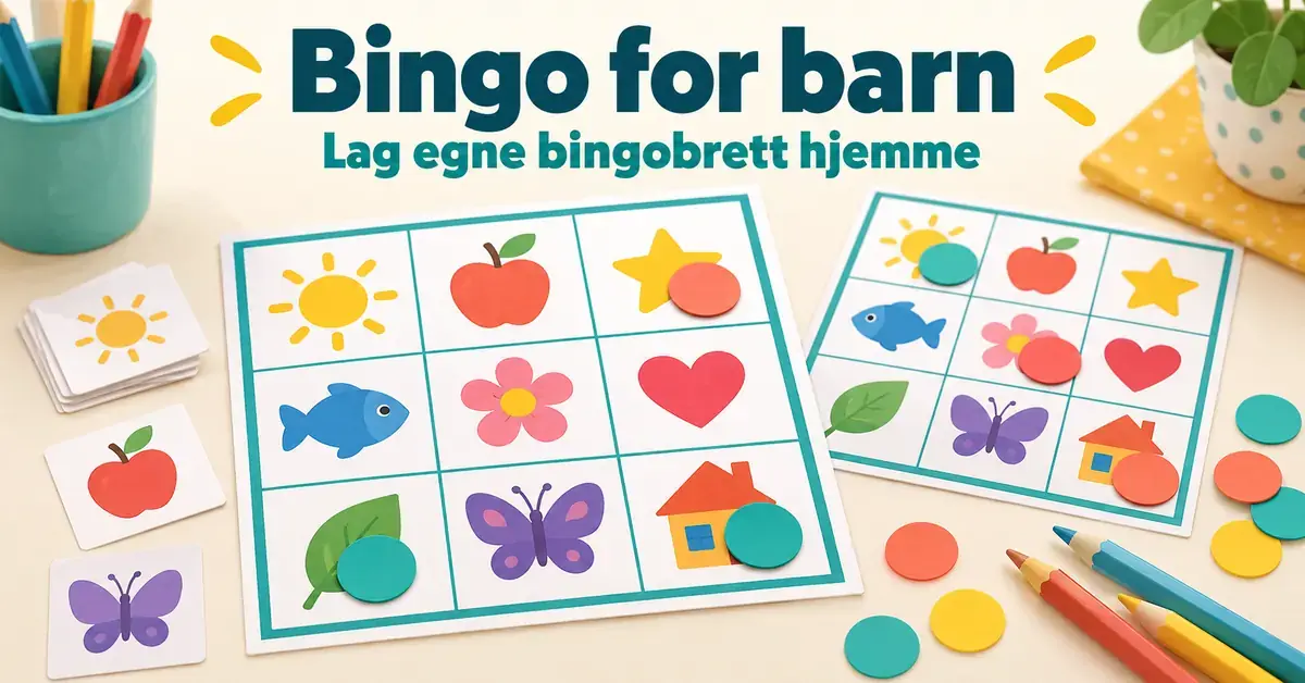 To hjemmelagde bingobrett med fargerike bildesymboler, papirmarkører og fargeblyanter under teksten «Bingo for barn – Lag egne bingobrett hjemme».