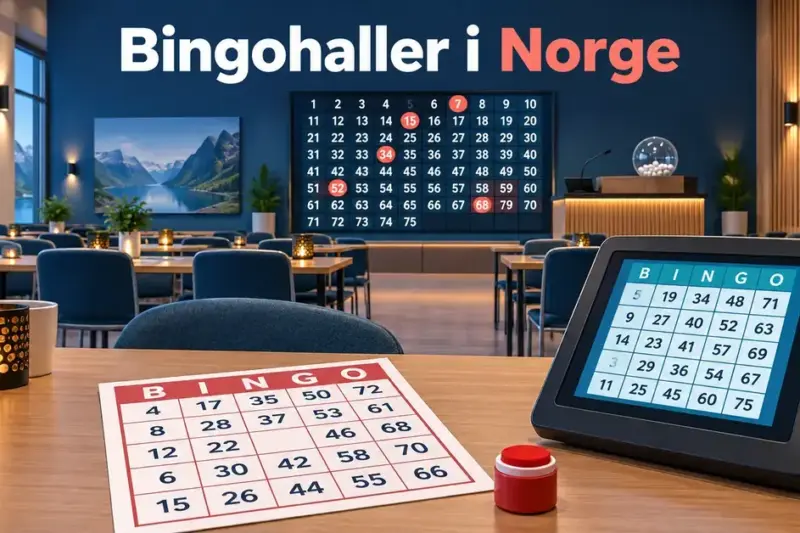 Illustrasjon av en norsk bingohall med bingobong, tusj og elektronisk spilleterminal i forgrunnen og en talltavle på veggen.