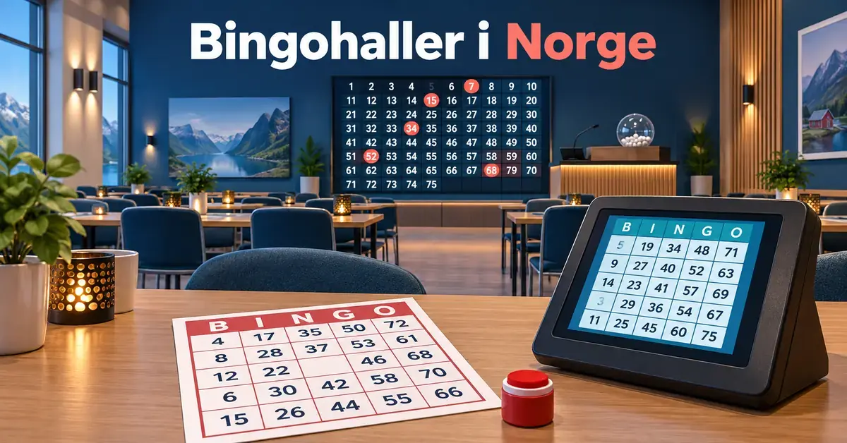 Illustrasjon av en norsk bingohall med bingobong, tusj og elektronisk spilleterminal i forgrunnen og en talltavle på veggen.