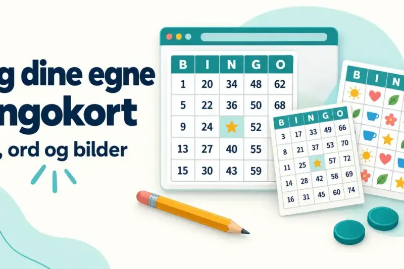 Illustrasjon av en bingokort-generator med tallbingo, bildebingo, blyant og spillebrikker ved siden av teksten «Lag dine egne bingokort».
