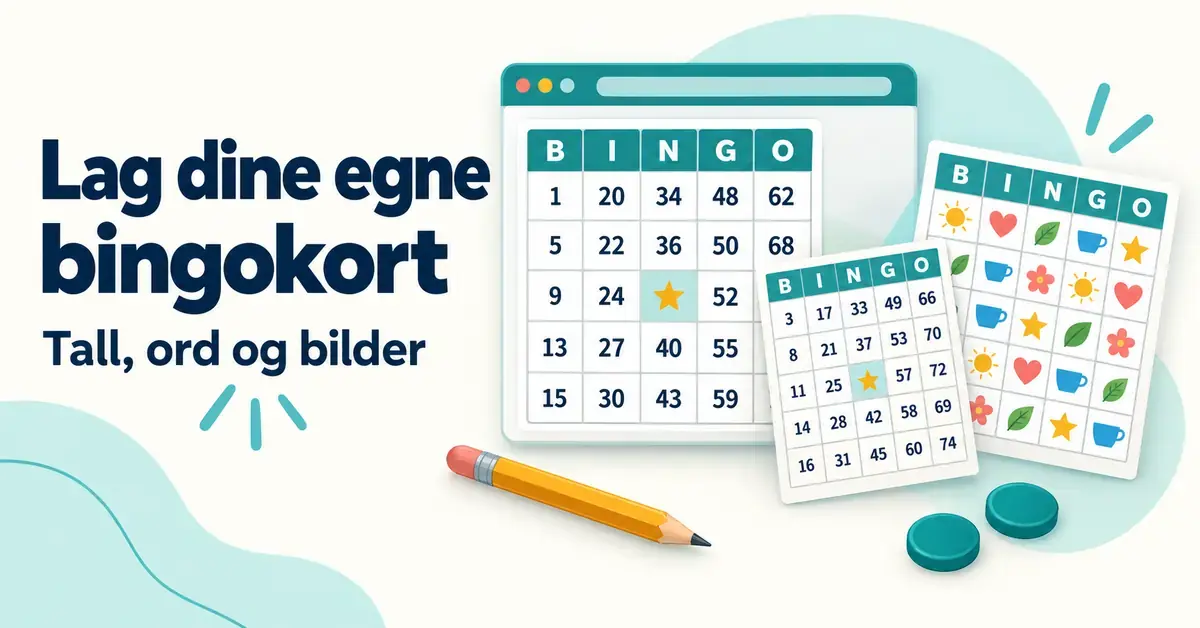 Illustrasjon av en bingokort-generator med tallbingo, bildebingo, blyant og spillebrikker ved siden av teksten «Lag dine egne bingokort».