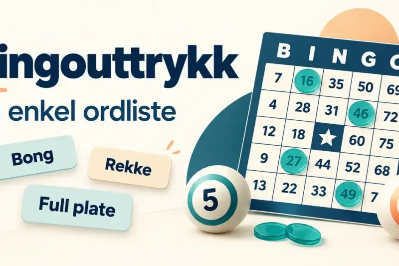 Illustrasjon av en bingobong, bingokuler og spillebrikker sammen med teksten «Bingouttrykk – En enkel ordliste» og begrepene «Bong», «Rekke» og «Full plate».