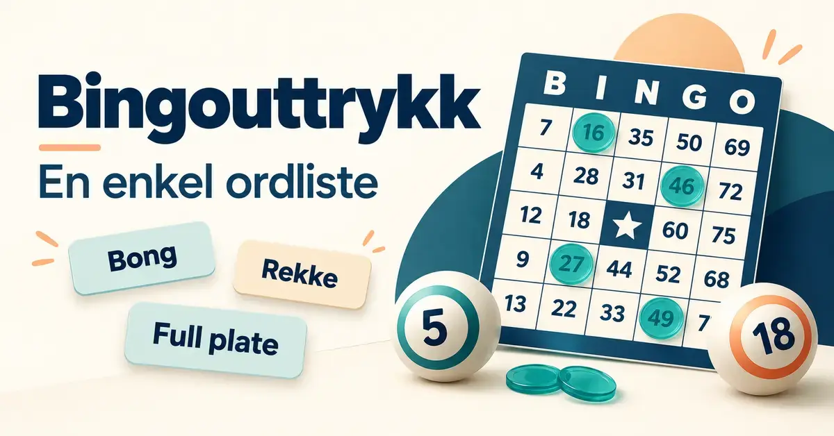 Illustrasjon av en bingobong, bingokuler og spillebrikker sammen med teksten «Bingouttrykk – En enkel ordliste» og begrepene «Bong», «Rekke» og «Full plate».