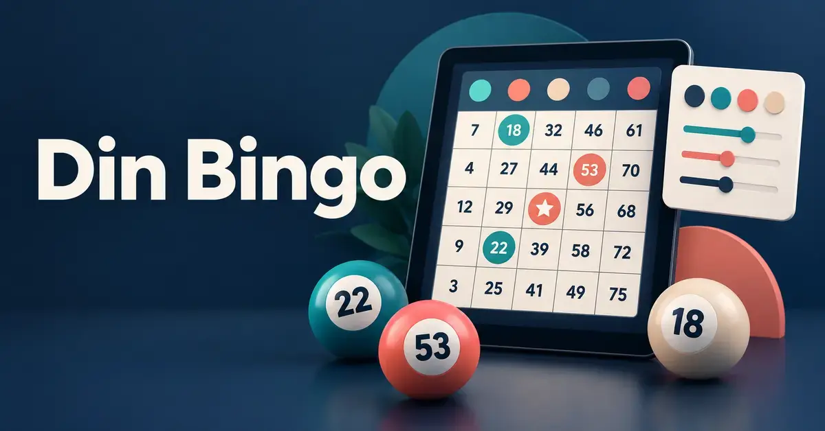 Illustrasjon med teksten «Din Bingo», et nettbrett med bingokort, nummererte bingokuler og et panel for tilpasning av farger og innstillinger.