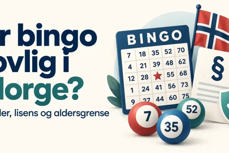 Illustrasjon med bingokort, bingokuler, norsk flagg og et dokument med paragraftegn ved siden av teksten «Er bingo lovlig i Norge? Regler, lisens og aldersgrense».
