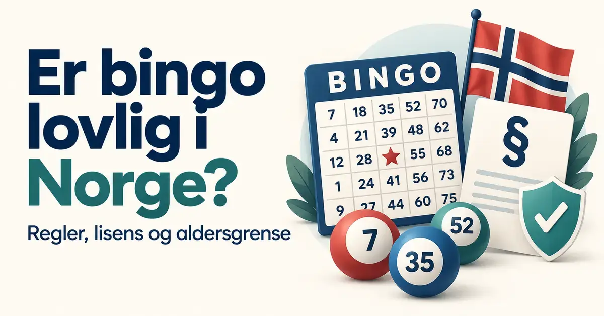Illustrasjon med bingokort, bingokuler, norsk flagg og et dokument med paragraftegn ved siden av teksten «Er bingo lovlig i Norge? Regler, lisens og aldersgrense».