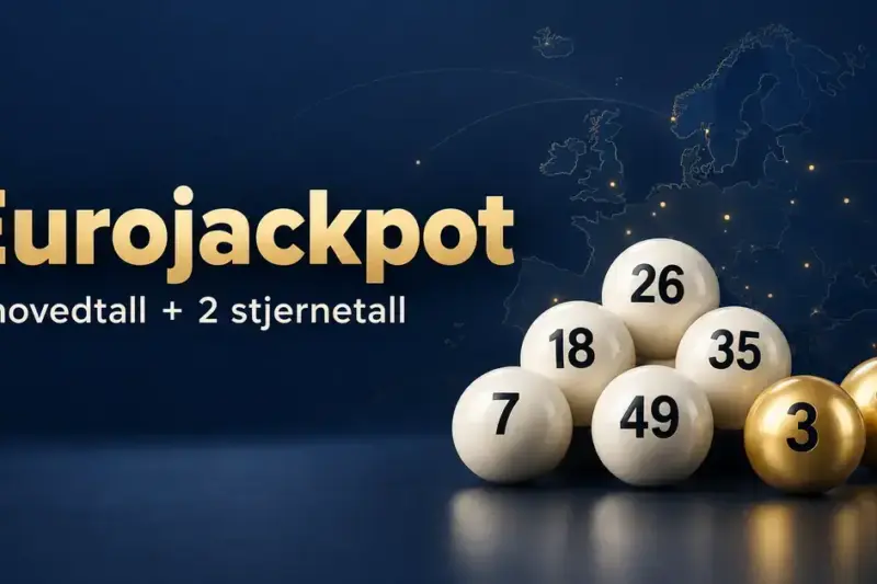 Eurojackpot med fem lyse lottokuler og to gullfargede stjernekuler foran et europakart på mørk blå bakgrunn.