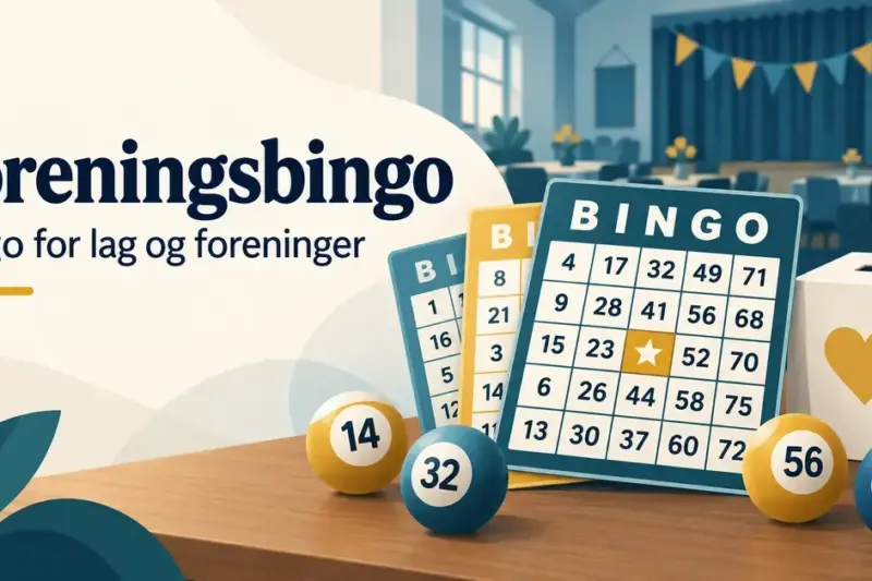 Illustrasjon av bingobrett, nummererte bingokuler og en innsamlingsboks i et forsamlingslokale, med teksten «Foreningsbingo – Bingo for lag og foreninger».