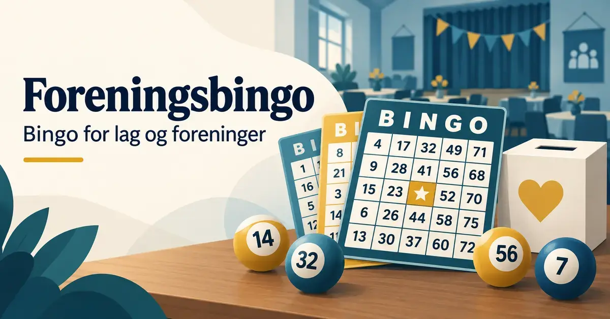 Illustrasjon av bingobrett, nummererte bingokuler og en innsamlingsboks i et forsamlingslokale, med teksten «Foreningsbingo – Bingo for lag og foreninger».