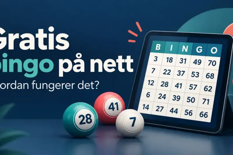 Et nettbrett med bingobrett, tre bingokuler og et spørsmålstegn illustrerer teksten «Gratis bingo på nett – Hvordan fungerer det?».
