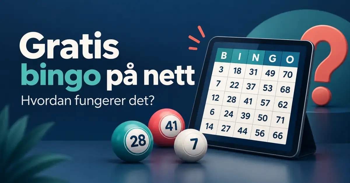 Et nettbrett med bingobrett, tre bingokuler og et spørsmålstegn illustrerer teksten «Gratis bingo på nett – Hvordan fungerer det?».