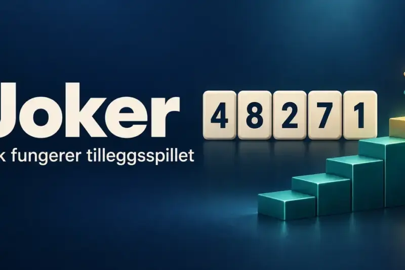 Illustrasjon av Joker med tallrekken 48271, piler opp og ned og en stigende premiestige i turkis og gull.