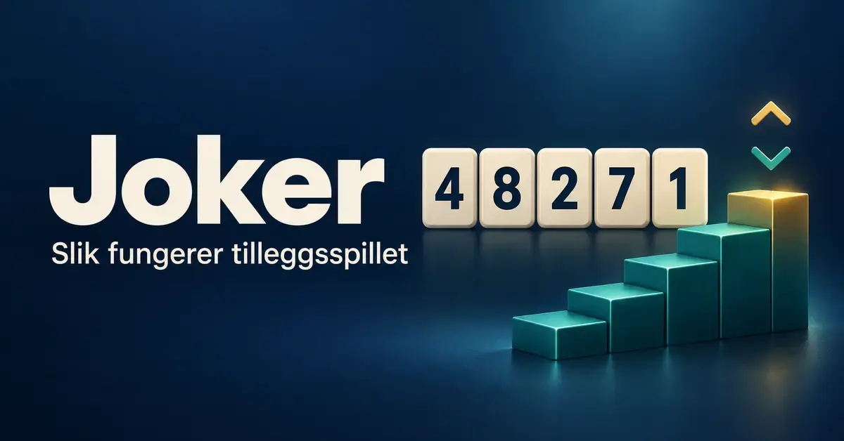 Illustrasjon av Joker med tallrekken 48271, piler opp og ned og en stigende premiestige i turkis og gull.