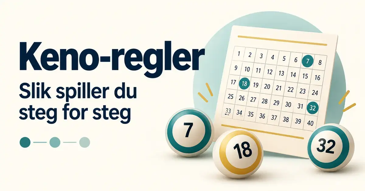 Illustrasjon av en tallkupong med markerte tall og tre tallkuler ved siden av teksten «Keno-regler: Slik spiller du steg for steg».