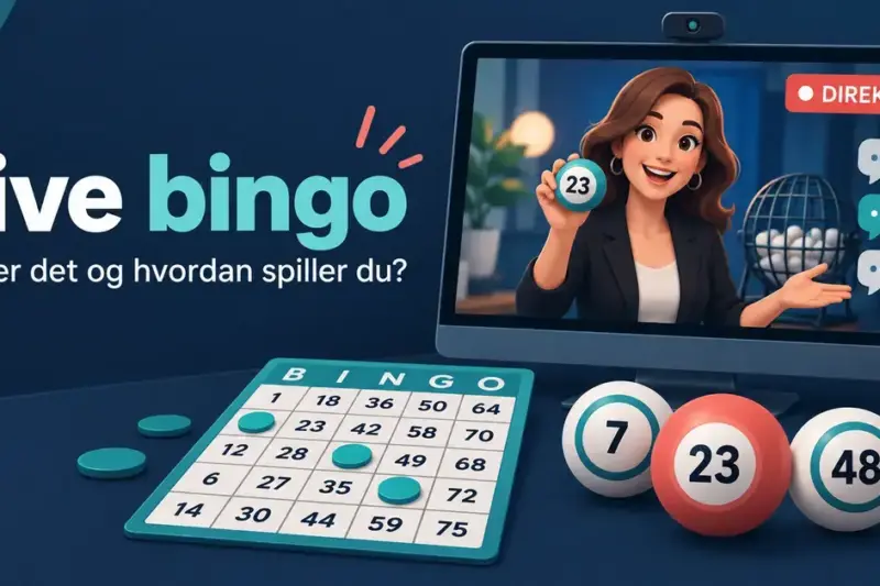 Illustrasjon av live bingo med en animert vert på skjermen, chatbobler, bingobrett og nummererte kuler.