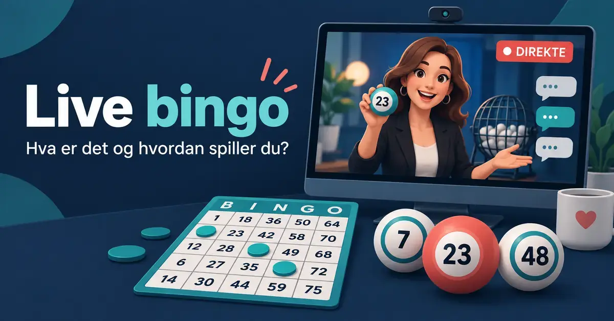Illustrasjon av live bingo med en animert vert på skjermen, chatbobler, bingobrett og nummererte kuler.