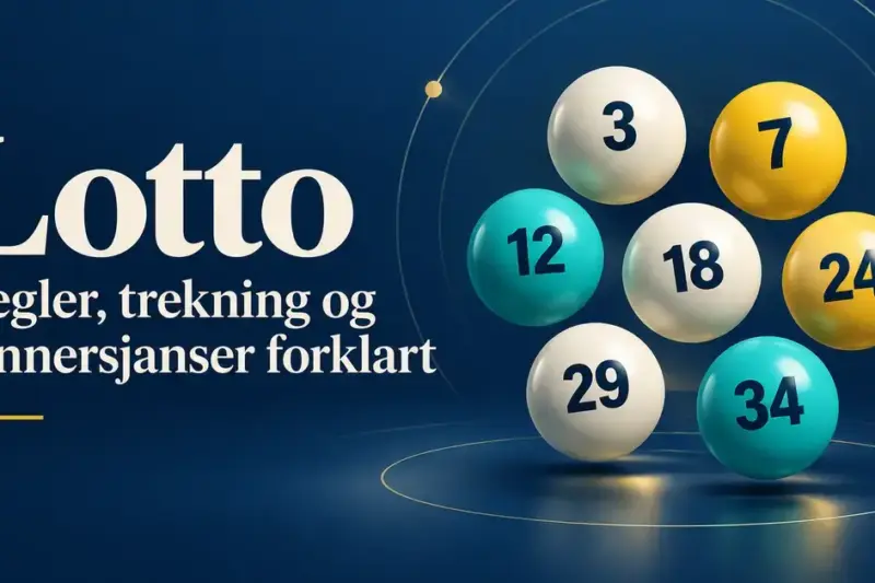 Sju nummererte lottokuler på mørk blå bakgrunn med teksten «Lotto – Regler, trekning og vinnersjanser forklart».