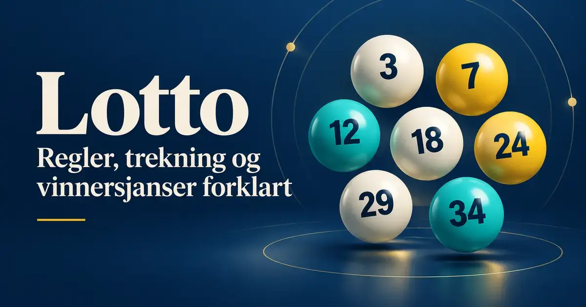 Sju nummererte lottokuler på mørk blå bakgrunn med teksten «Lotto – Regler, trekning og vinnersjanser forklart».