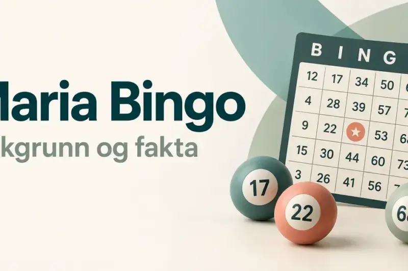 Illustrasjon med et bingobrett og tre bingokuler ved siden av teksten «Maria Bingo – Bakgrunn og fakta».