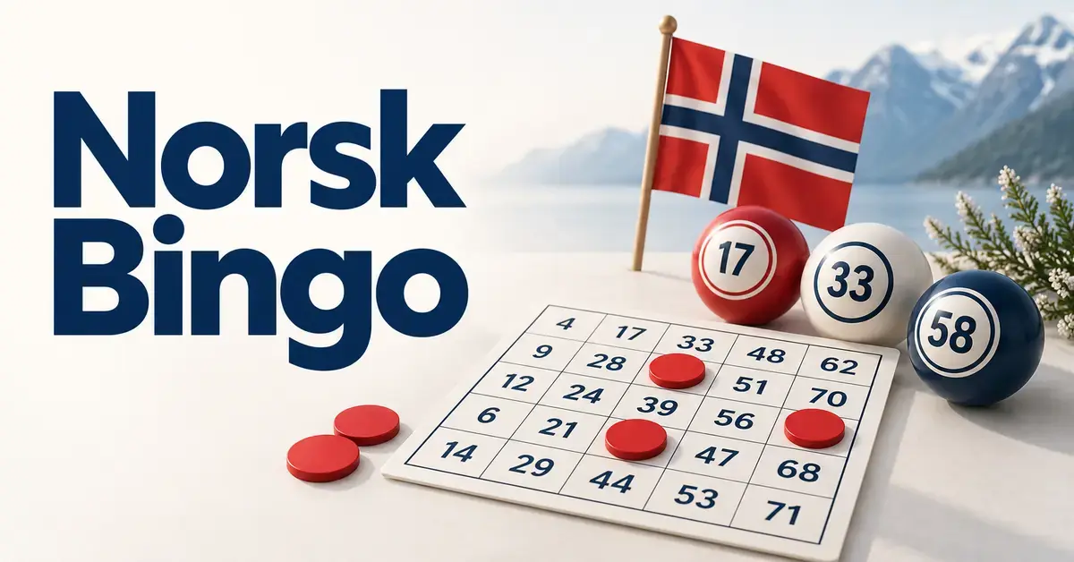 Illustrasjon av et bingobrett med røde markører, nummererte bingokuler og det norske flagget foran et fjordlandskap, med teksten «Norsk Bingo».