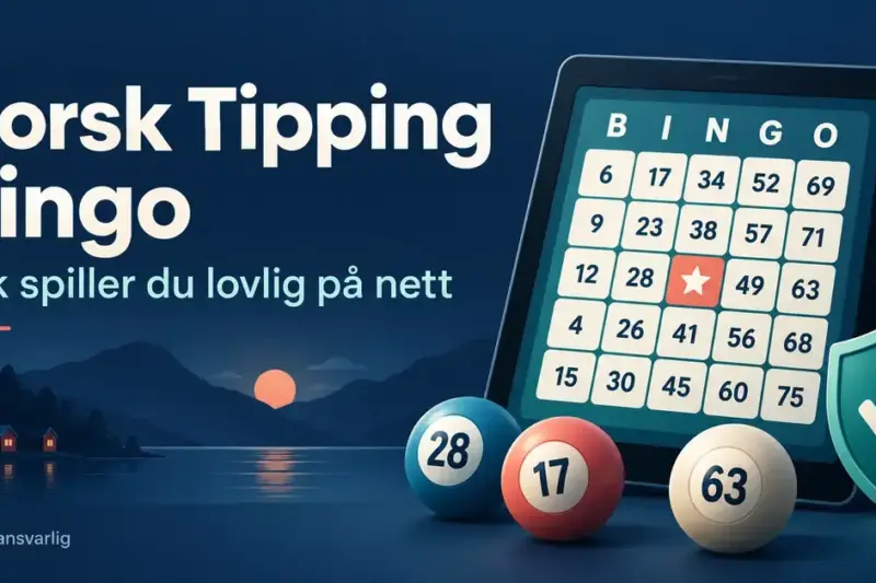Illustrasjon av et nettbrett med bingobrett, bingokuler og et skjold med hake ved teksten «Norsk Tipping bingo – Slik spiller du lovlig på nett».