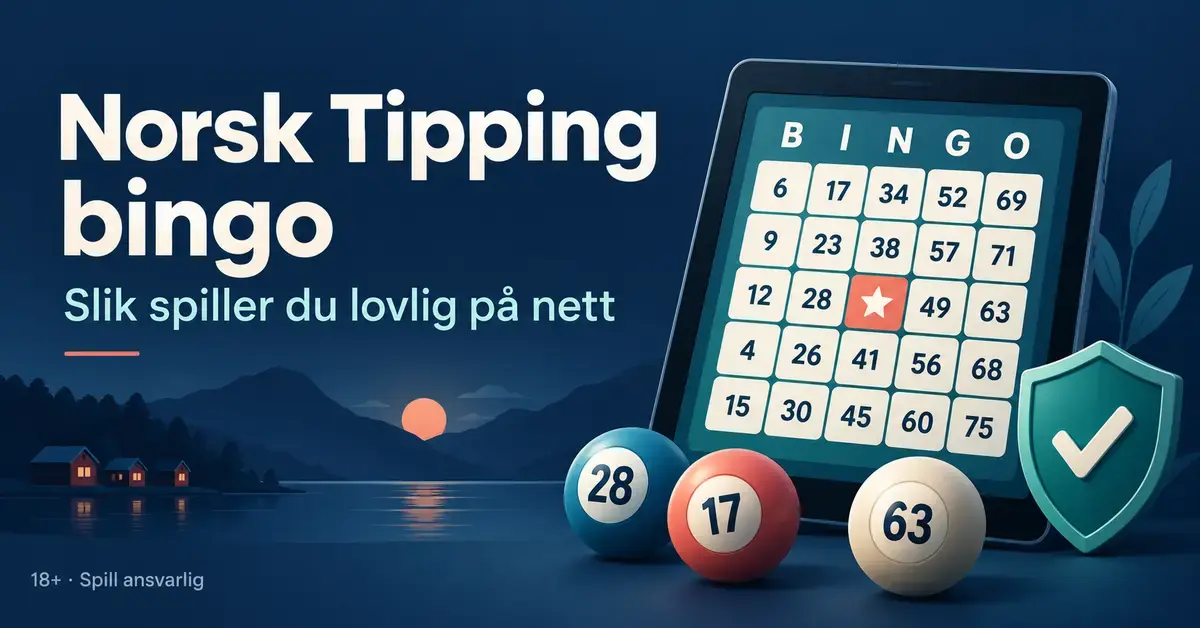Illustrasjon av et nettbrett med bingobrett, bingokuler og et skjold med hake ved teksten «Norsk Tipping bingo – Slik spiller du lovlig på nett».