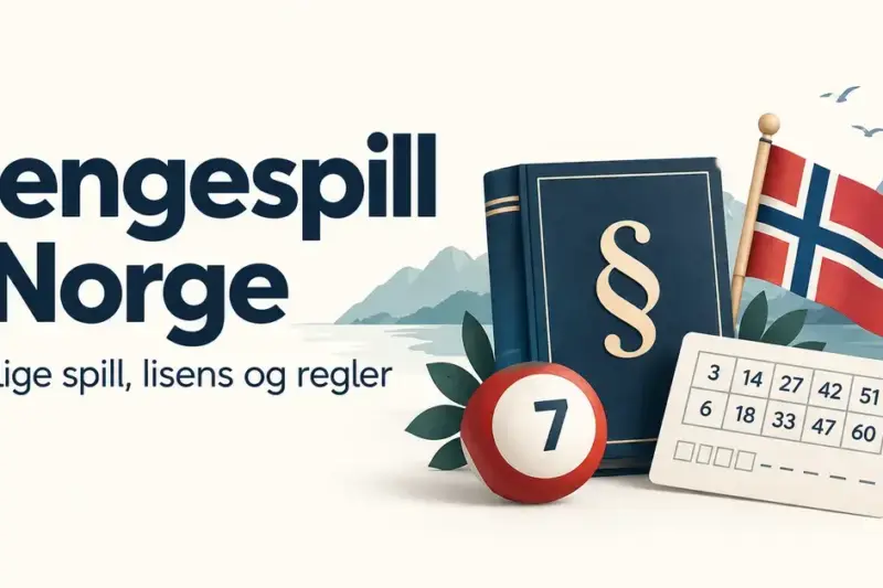 Illustrasjon av en lovbok, det norske flagget, en bingokule og en lottokupong ved teksten «Pengespill i Norge – Lovlige spill, lisens og regler».