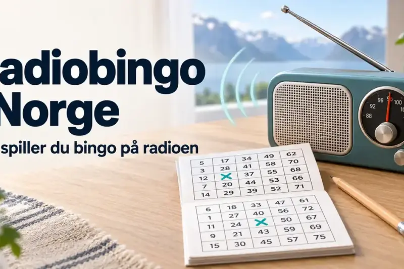 En radio, et bingohefte med avkryssede tall og en blyant på et bord, med teksten «Radiobingo i Norge – Slik spiller du bingo på radioen».