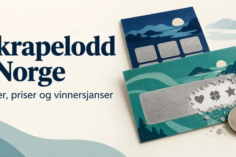 Illustrasjon av to skrapelodd med sølvfargede skrapefelt og en mynt ved siden av teksten «Skrapelodd i Norge – Typer, priser og vinnersjanser».