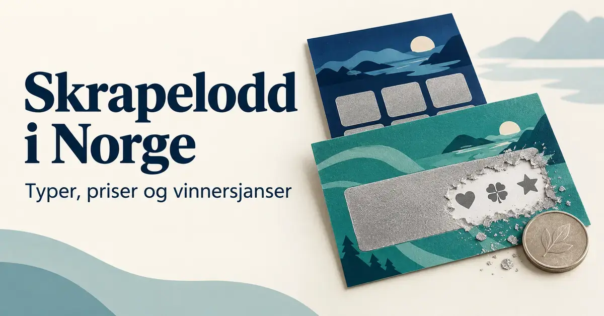 Illustrasjon av to skrapelodd med sølvfargede skrapefelt og en mynt ved siden av teksten «Skrapelodd i Norge – Typer, priser og vinnersjanser».