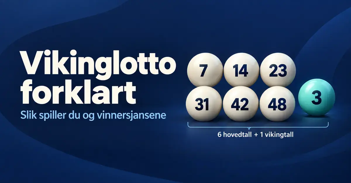 Illustrasjon med teksten «Vikinglotto forklart», seks lyse kuler med hovedtall og én turkis kule med vikingtall på mørkeblå bakgrunn.